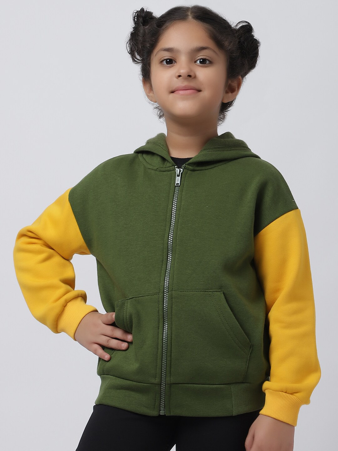 

Rute Girls Olive Green & Yellow Colourblocked Fleece Hooded Sweatshirt