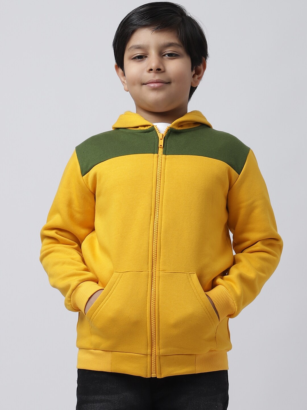 

Rute Boys Yellow & Olive Green Fleece Hooded Sweatshirt