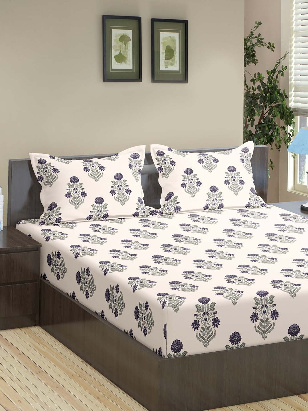 

Trance Home Linen Aangan Purple 180 TC Cotton Queen Flat Bedsheet with 2 Pillow Covers, White