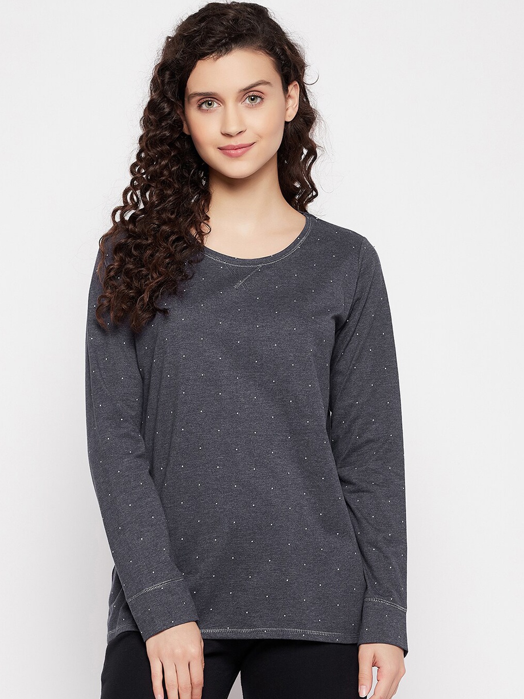 

Clovia Women Grey & White Polka Dots Printed Pure Cotton Lounge T-shirt