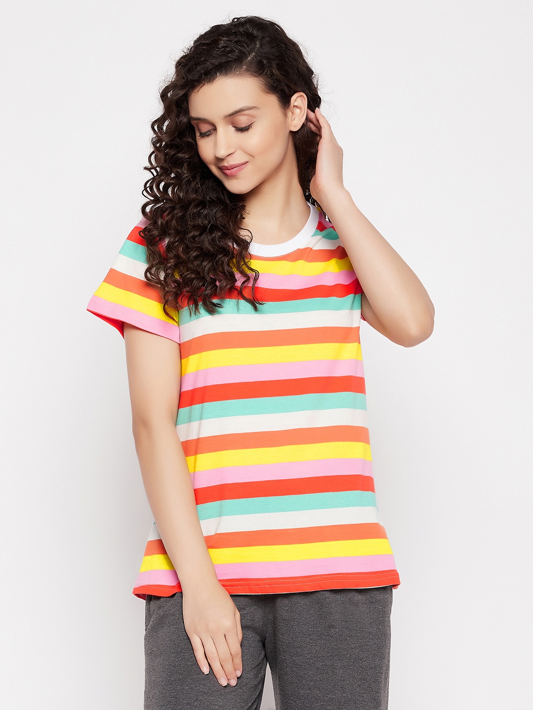 

Clovia Women Red & Yellow Striped Printed Pure Cotton Lounge T-shirts