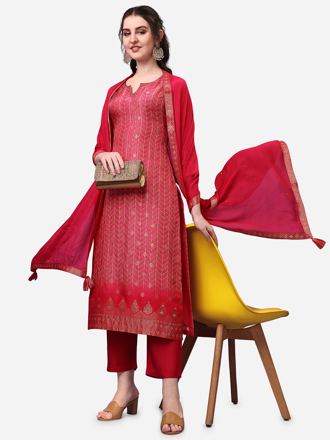 

Seerat Women Pink Printed Pure Silk Kurti with Trousers & With Dupatta