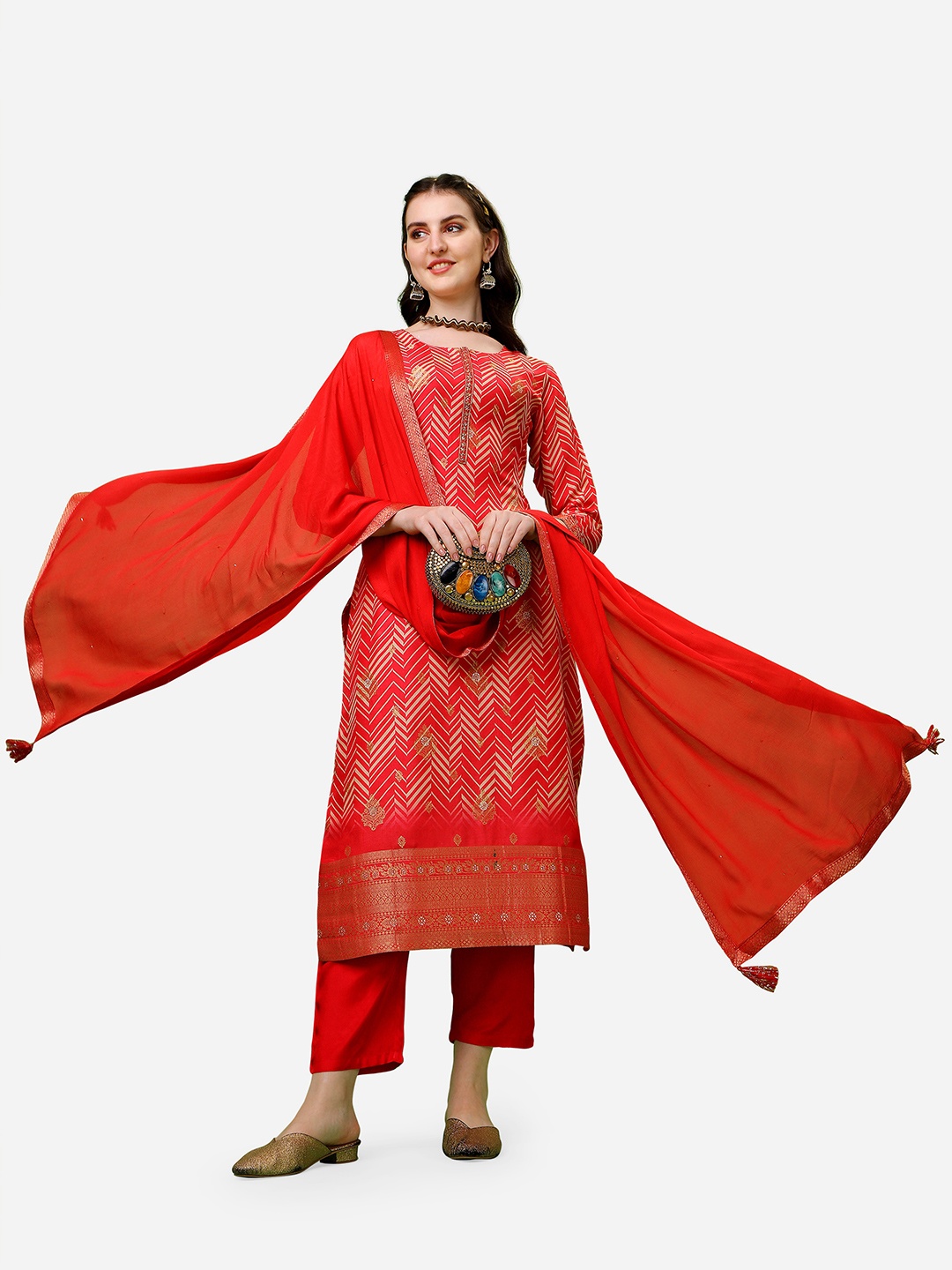 

Seerat Women Red Printed Pure Silk Kurti with Trousers & With Dupatta