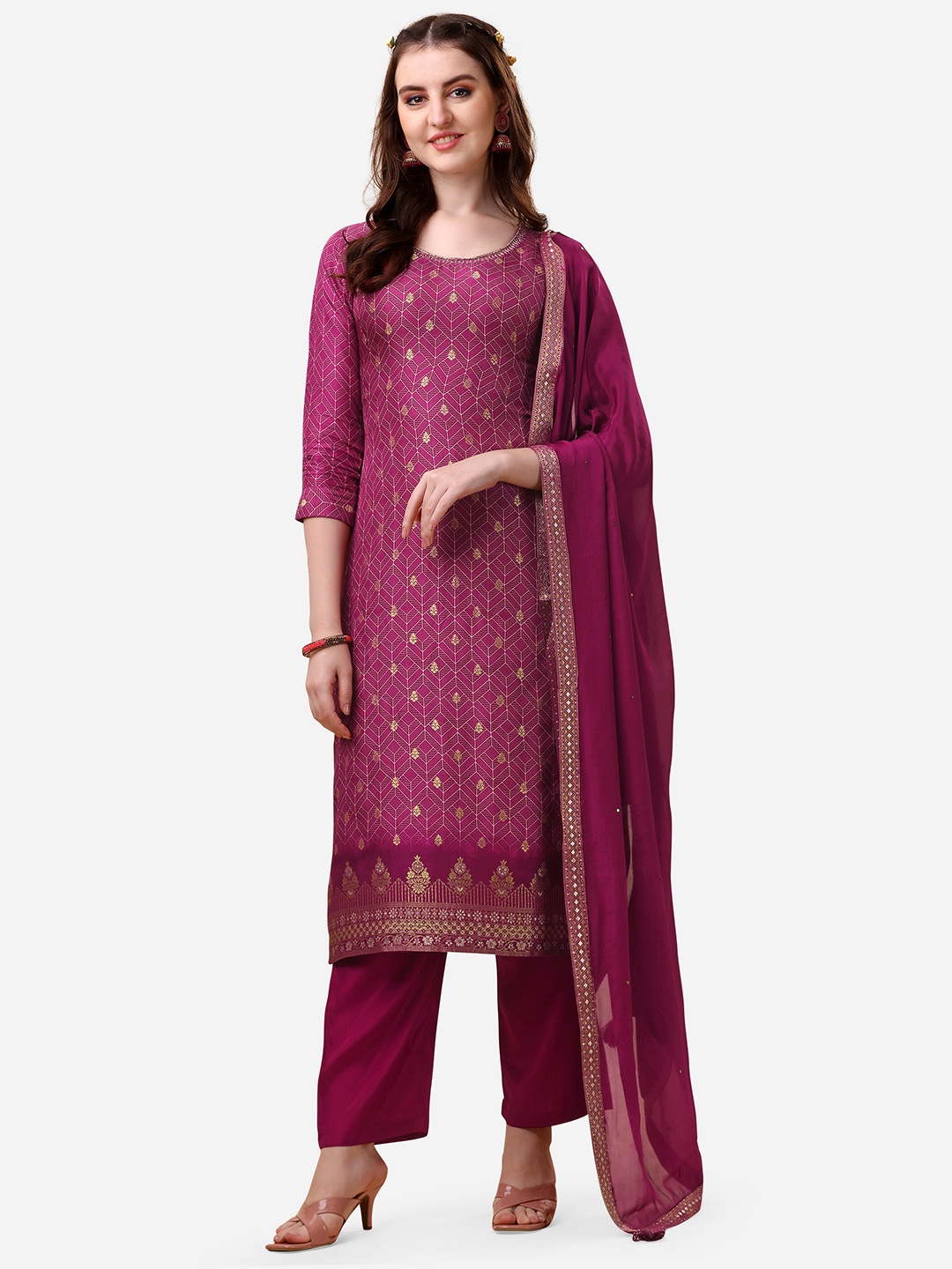 

Seerat Women Maroon Printed Pure Silk Kurti with Trousers & With Dupatta
