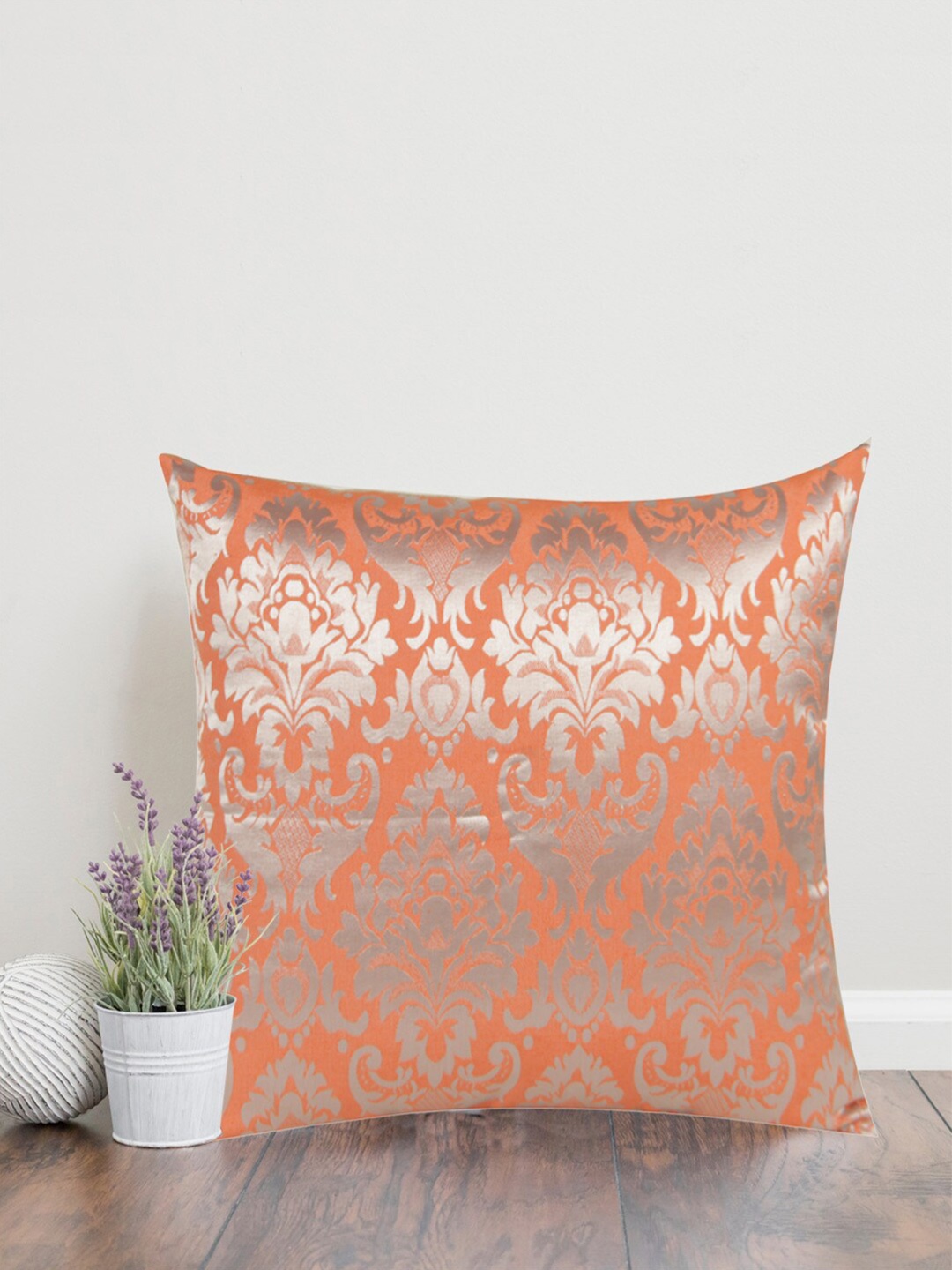 

Home Orange & Silver-Toned Printed Self Design Square Cushion Covers