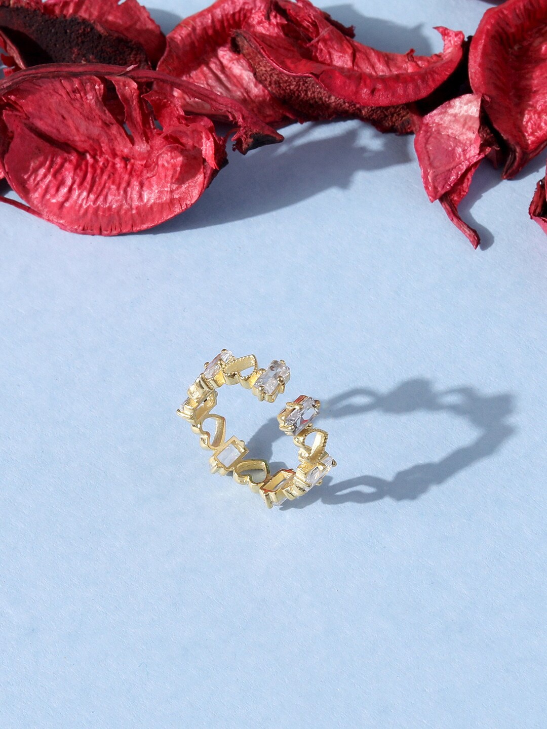 

TRISHONA Gold-Plated Heart Stone Studded 925 Sterling Silver Adjustable Finger Ring