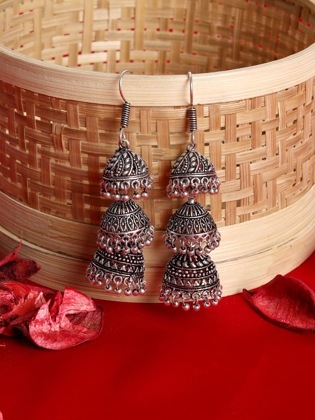 

TRISHONA Women Silver-Toned Contemporary Jhumkas Earrings