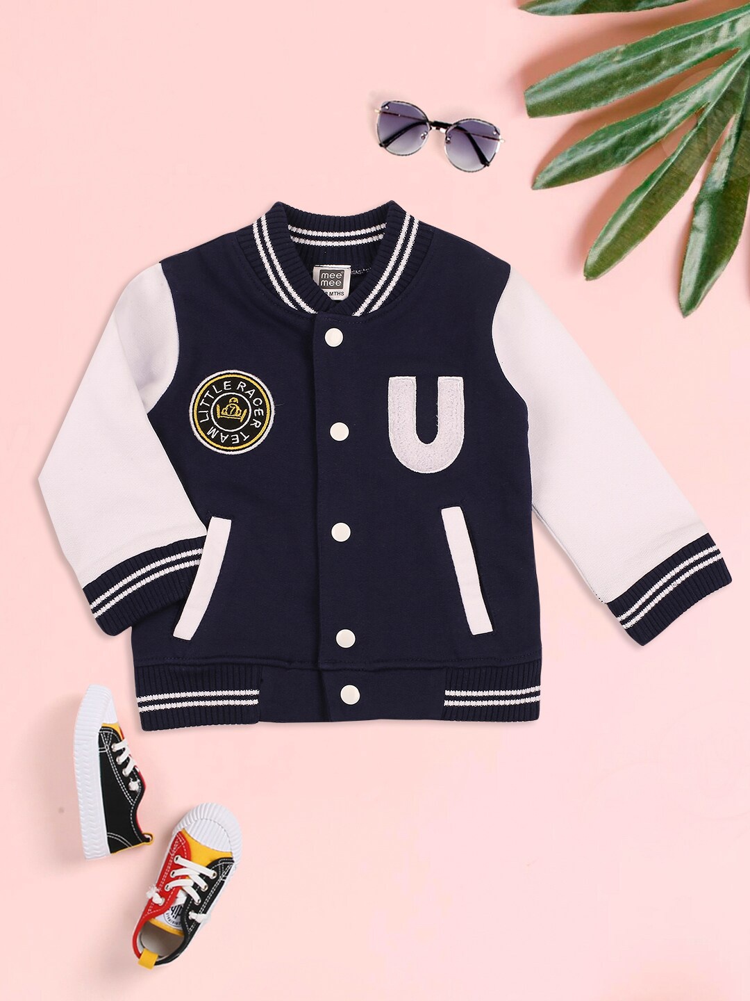 

MeeMee Boys Blue Windcheater and Water Resistant Varsity Jacket with Patchwork