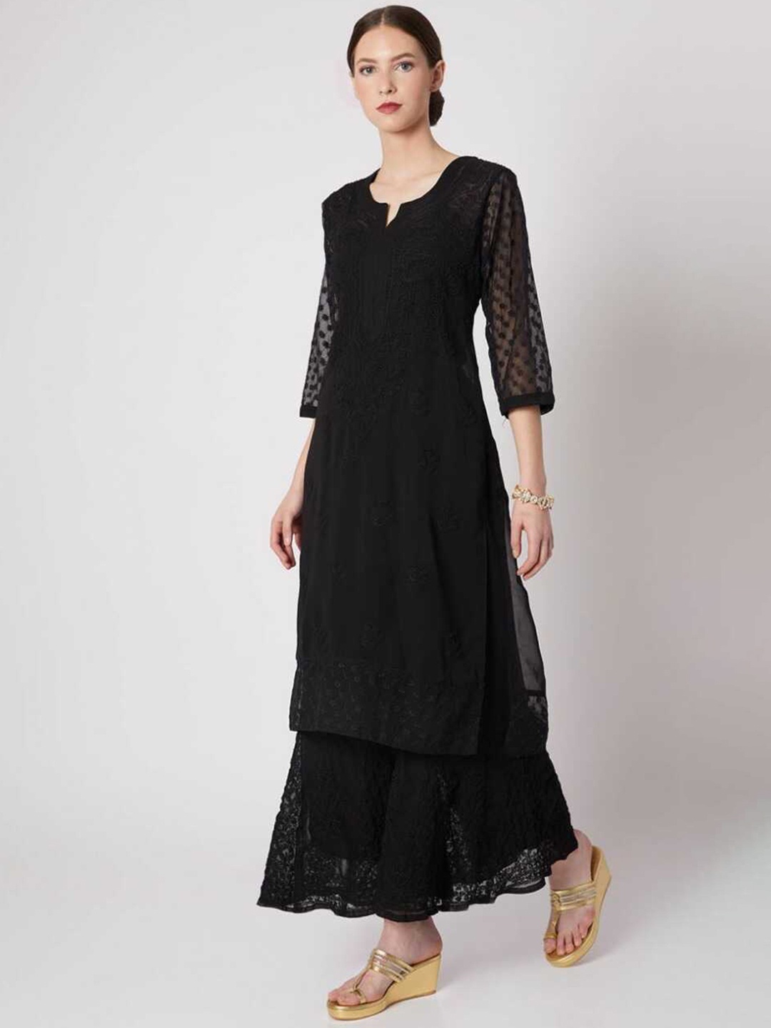 

LABEL AISHWARYRIKA Women Black Ethnic Motifs Chikankari Silk Georgette Kurta with Sharara