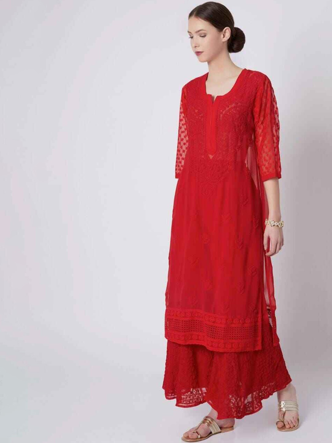 

LABEL AISHWARYRIKA Women Red Ethnic Motifs Embroidered Chikankari Silk Georgette Kurta with Sharara
