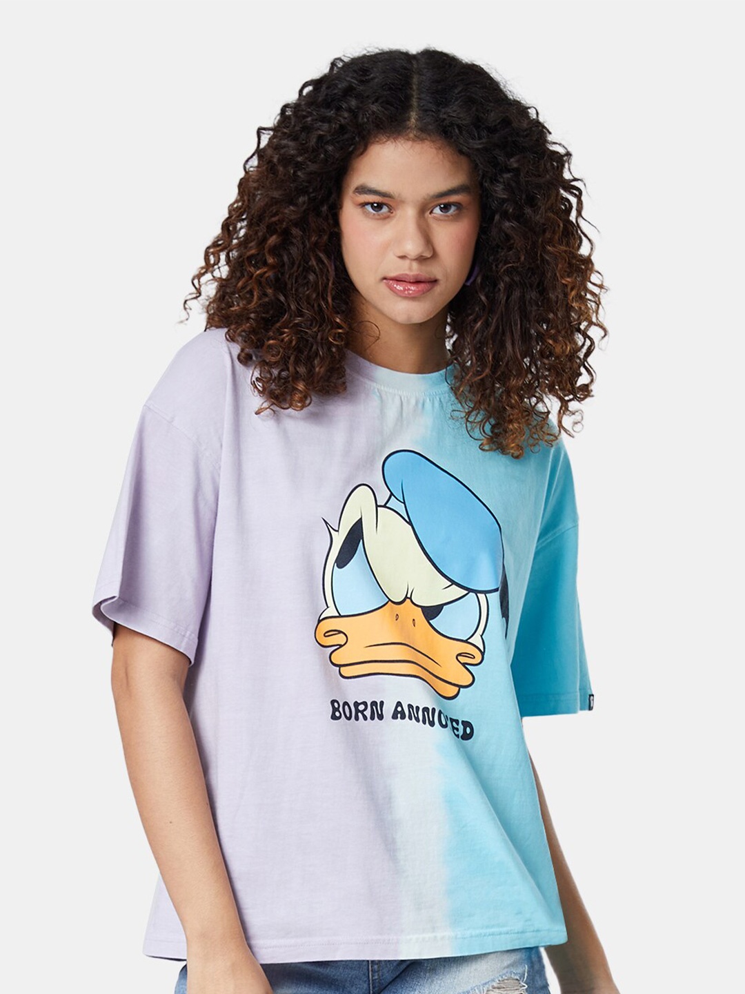 

The Souled Store Women Lavender Donald Duck Printed Drop-Shoulder Sleeves Raw Edge Oversized Oversized T-shirt