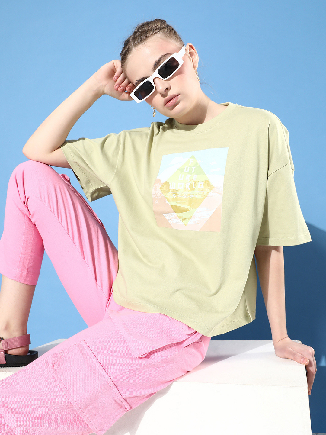 

The Roadster Life Co. Lime Green Printed Drop-Shoulder Off-Grid Graphics Cotton T-shirt