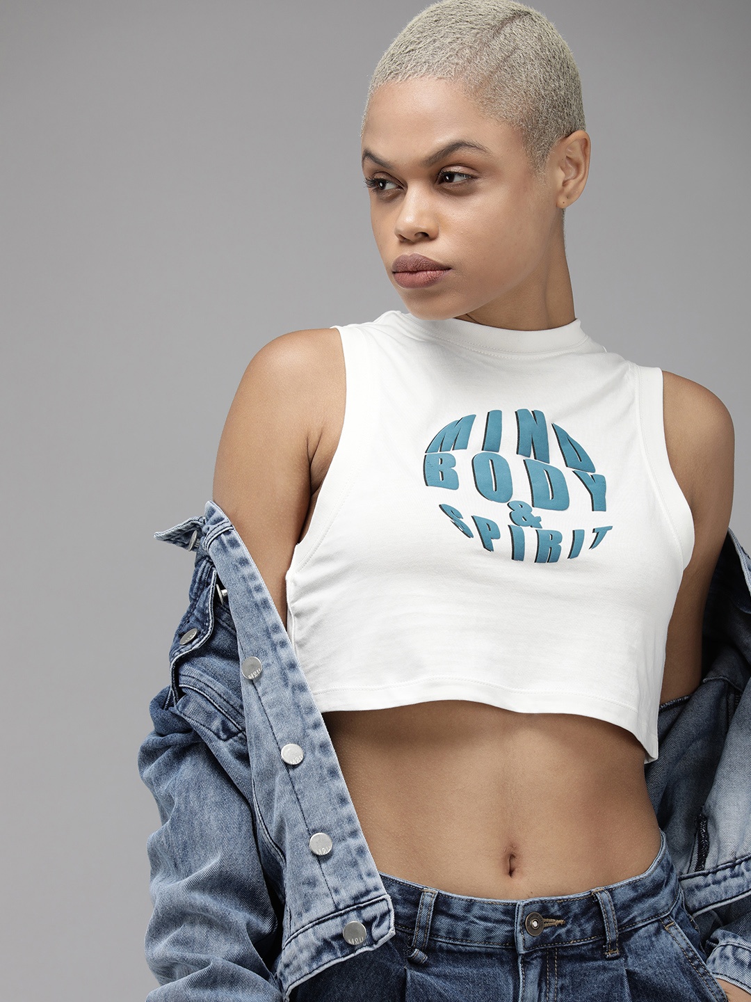 

The Roadster Life Co. Typography Printed Sleeveless Crop T-shirt, White