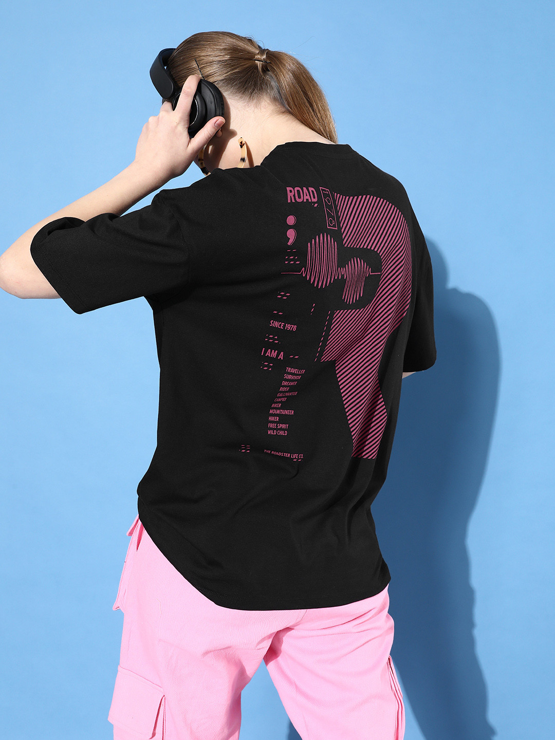 

The Roadster Life Co. Inky Black Typography Drop-Shoulder Off-Grid Graphics Cotton T-shirt