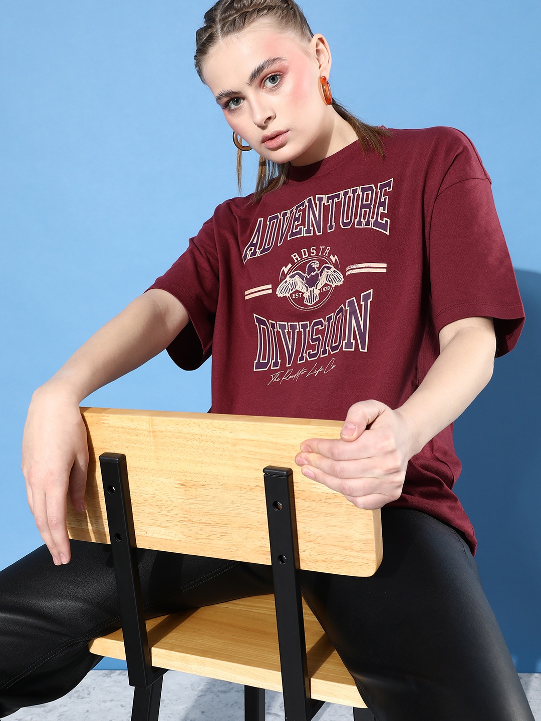 

The Roadster Life Co. Earthy Maroon Printed Drop-Shoulder Off-Grid Graphics Cotton T-shirt