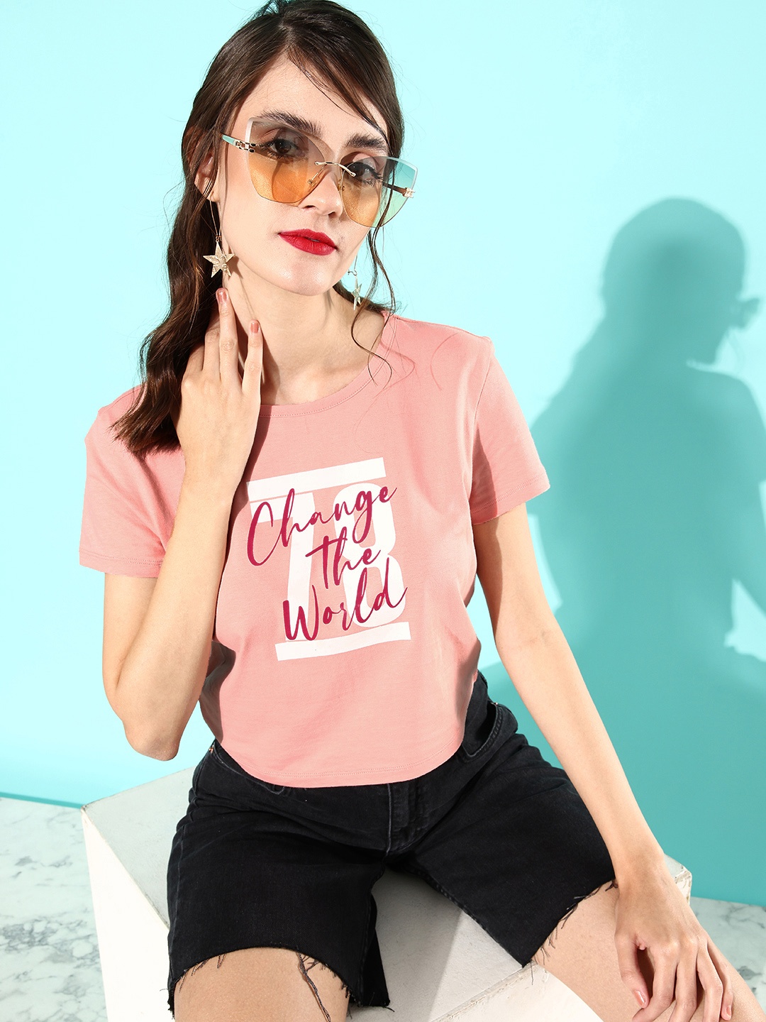 

The Roadster Lifestyle Co. Women Pure Cotton Coral Typography Printed T-shirt