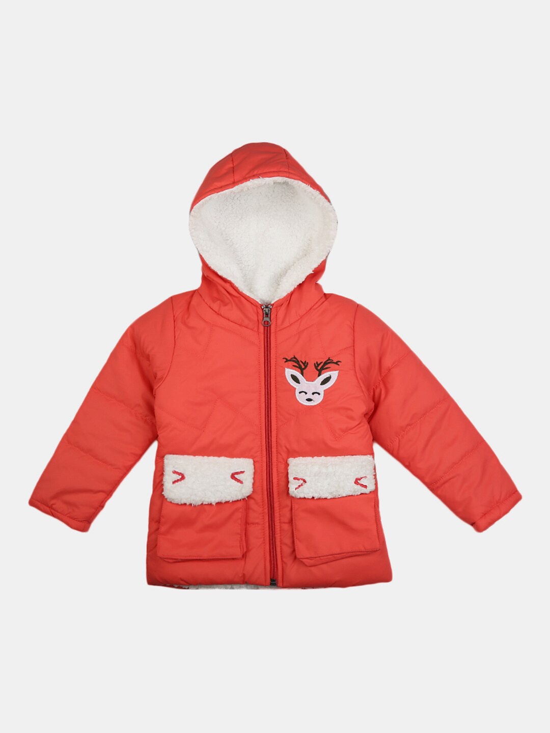 

V-Mart Kids Peach-Coloured & Off White Hooded Padded Jacket