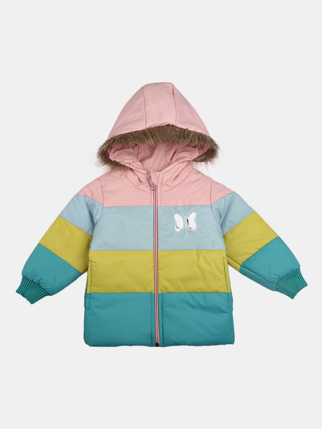 

V-Mart Kids Peach-Coloured Blue Colourblocked Hooded Puffer Jacket
