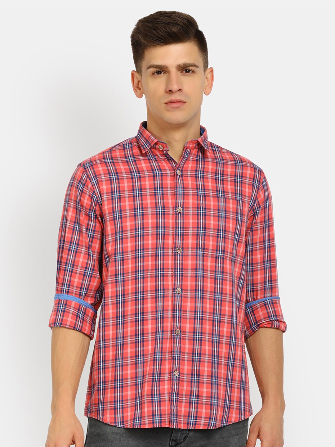 

V-Mart Men Orange Tartan Checks Cotton Casual Shirt