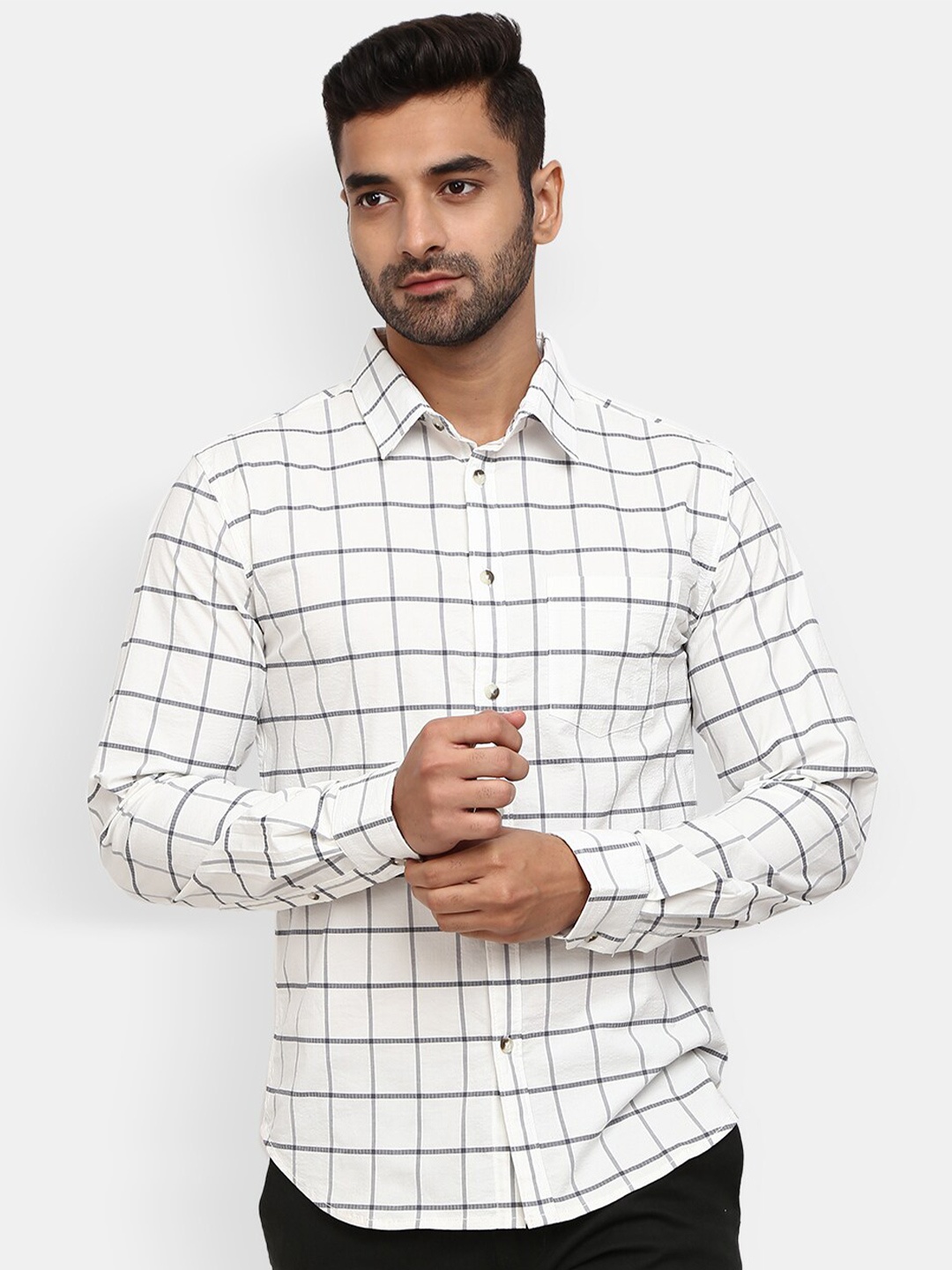 

V-Mart Slim Fit Windowpane Checks Cotton Casual Shirt, White
