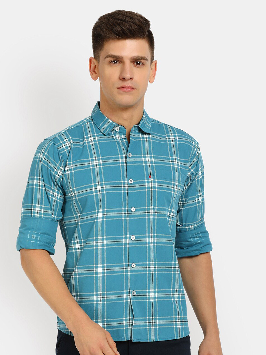 

V-Mart Men Slim Fit Tartan Checks Casual Shirt, Blue