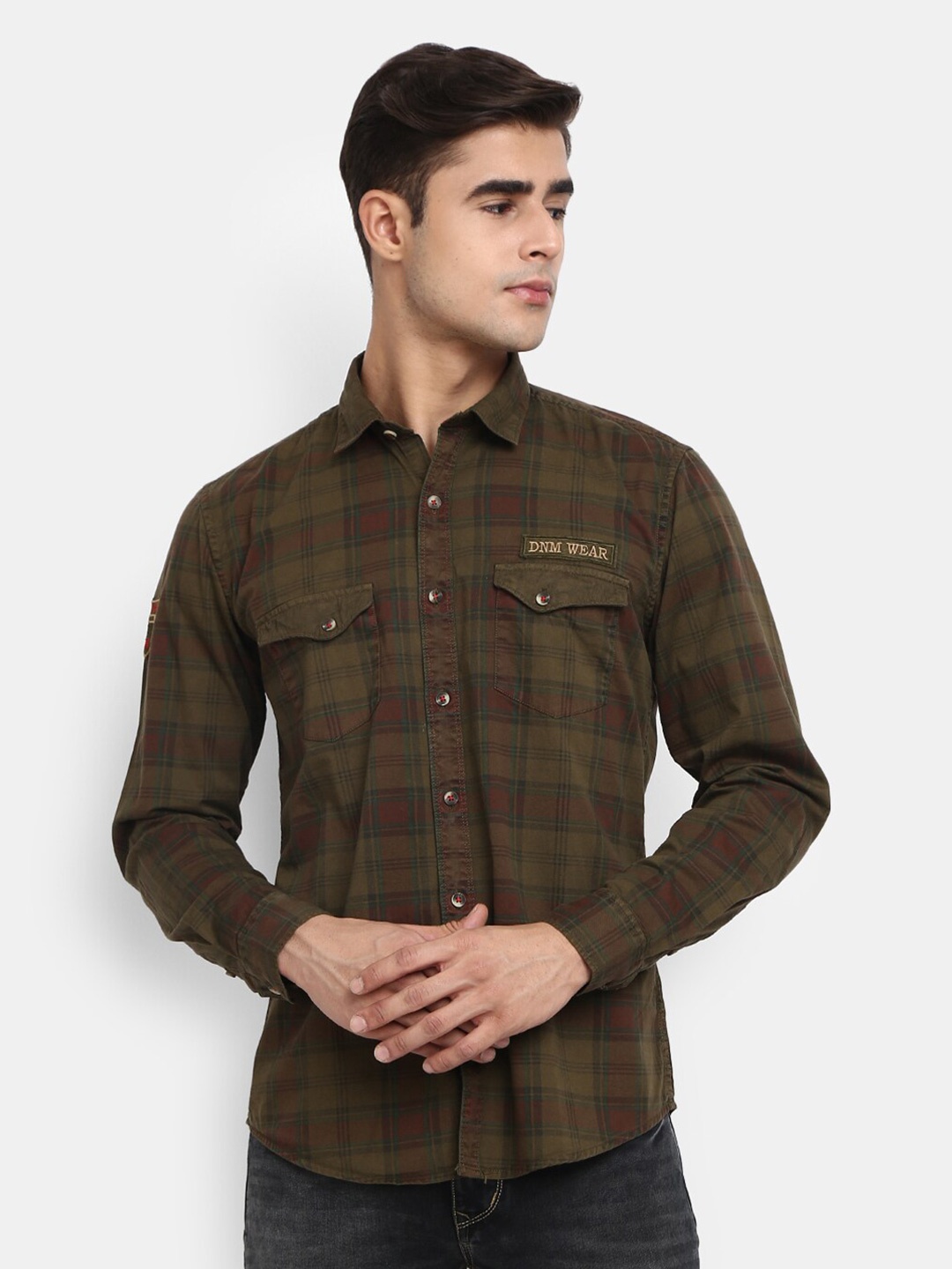 

V-Mart Men Olive Green Slim Fit Tartan Checks Checked Cotton Casual Shirt