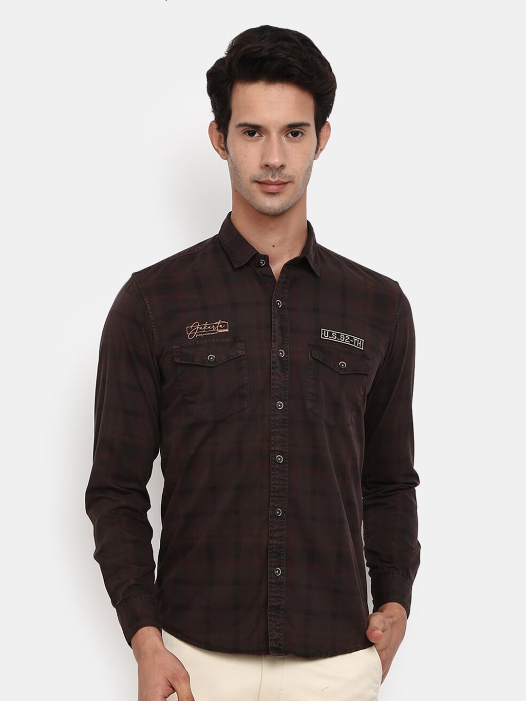 

V-Mart Men Slim Fit Tartan Checks Casual Shirt, Brown