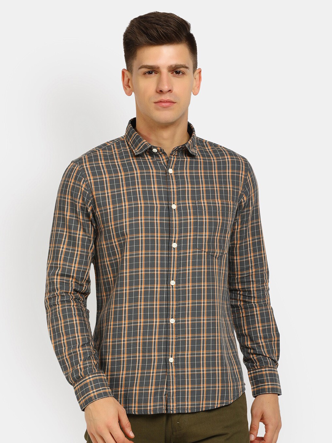 

V-Mart Men Grey & Brown Tartan Checked Cotton Casual Shirt