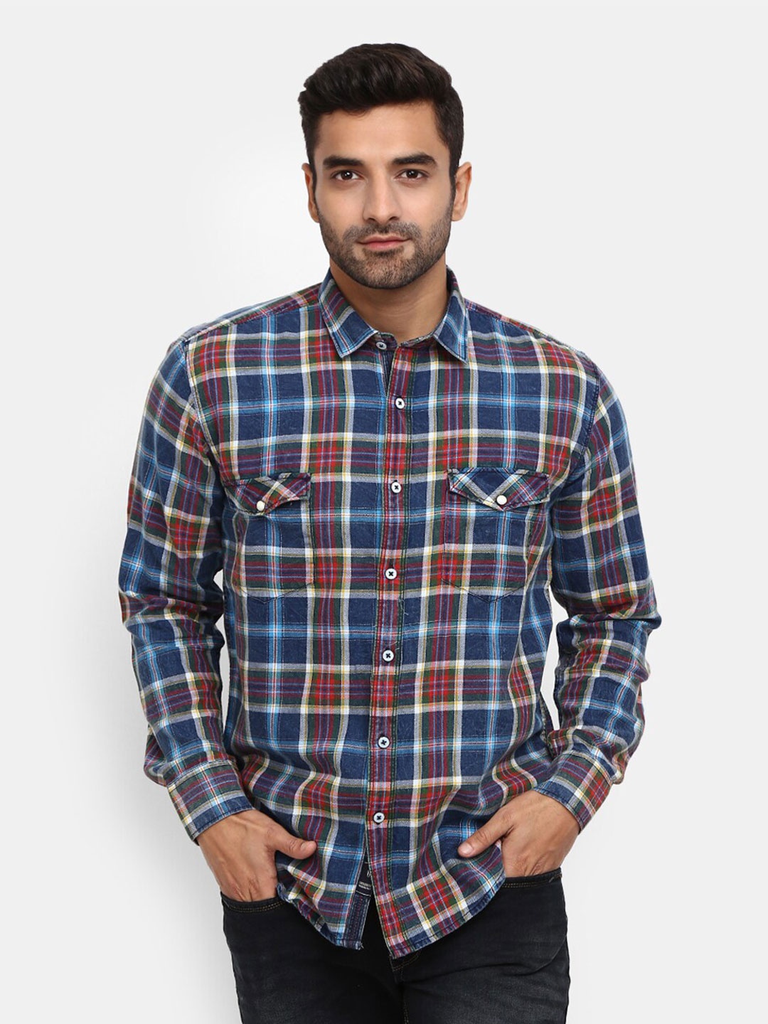 

V-Mart Men Blue Tartan Checks Checked Casual Shirt