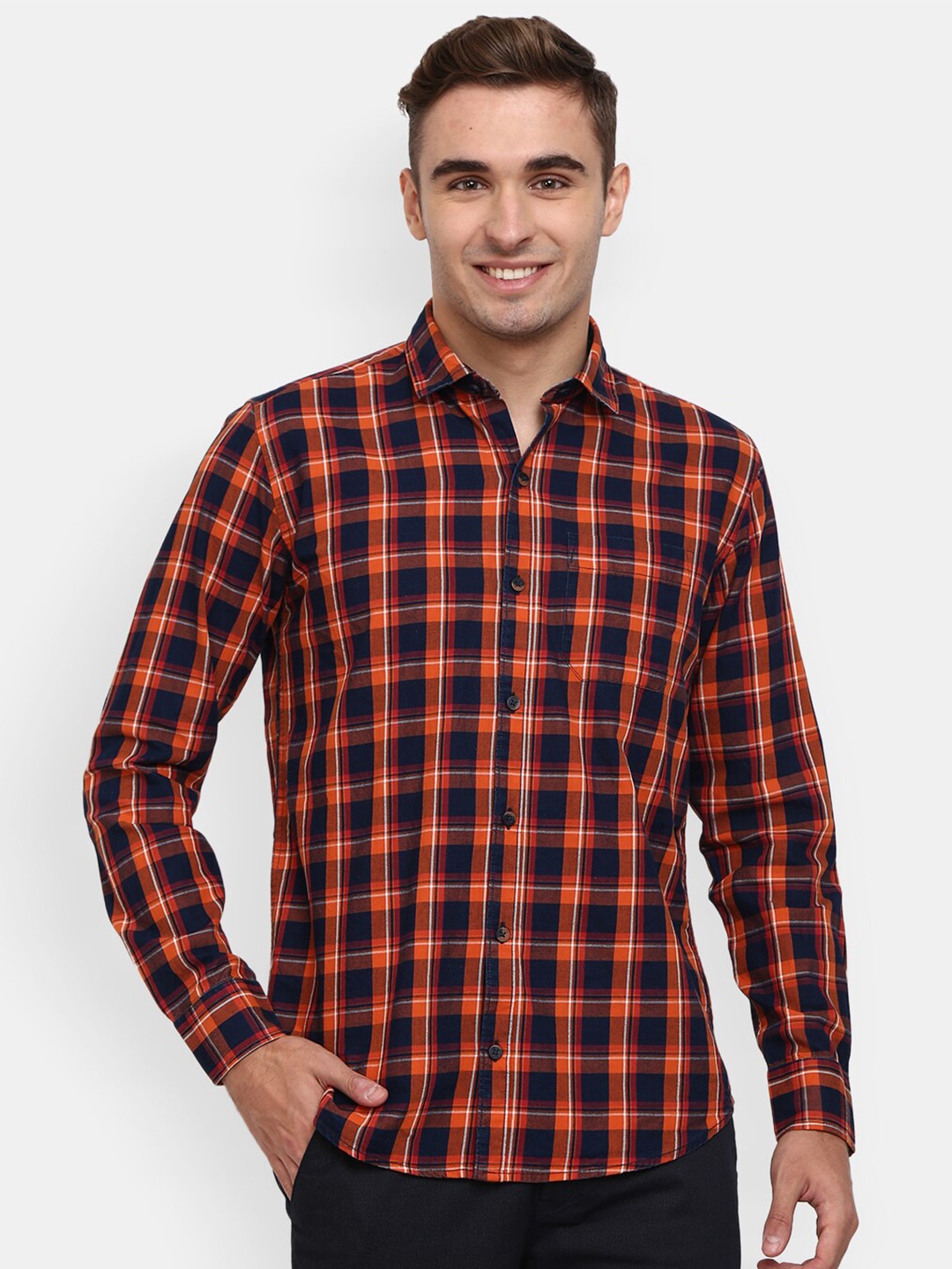 

V-Mart Men Orange & Navy Blue Tartan Checked Casual Shirt