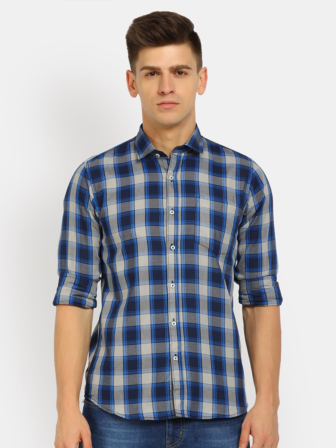 

V-Mart Men Navy Blue Tartan Checked Cotton Casual Shirt