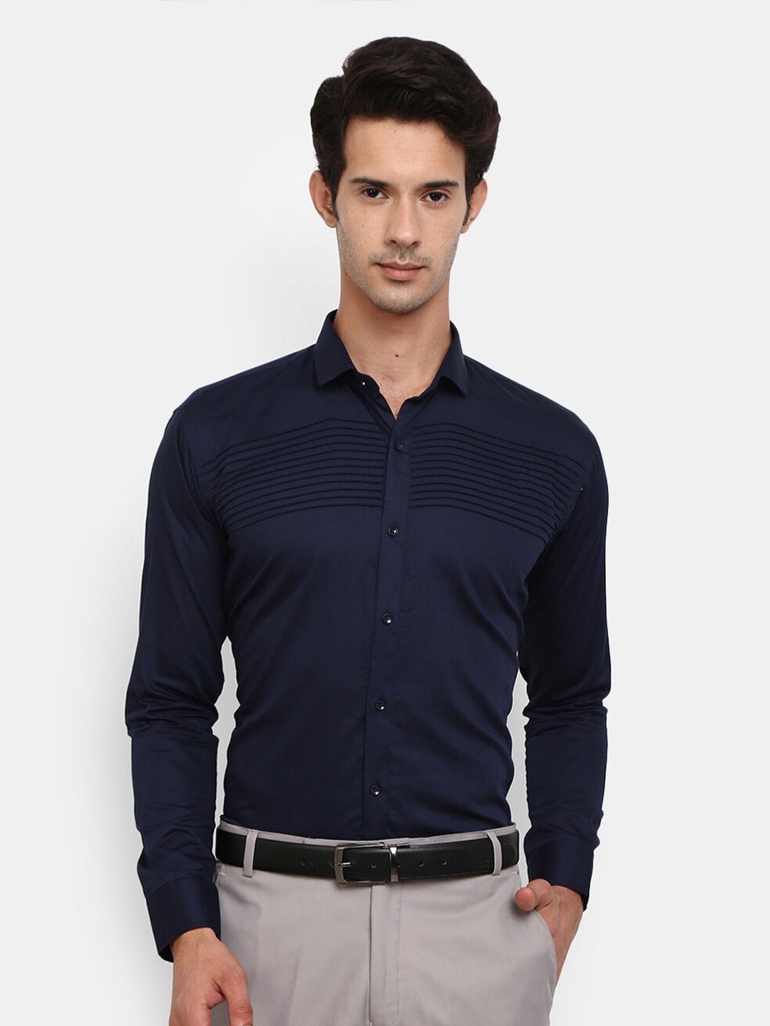 

V-Mart Men Navy Blue Striped Formal Shirt