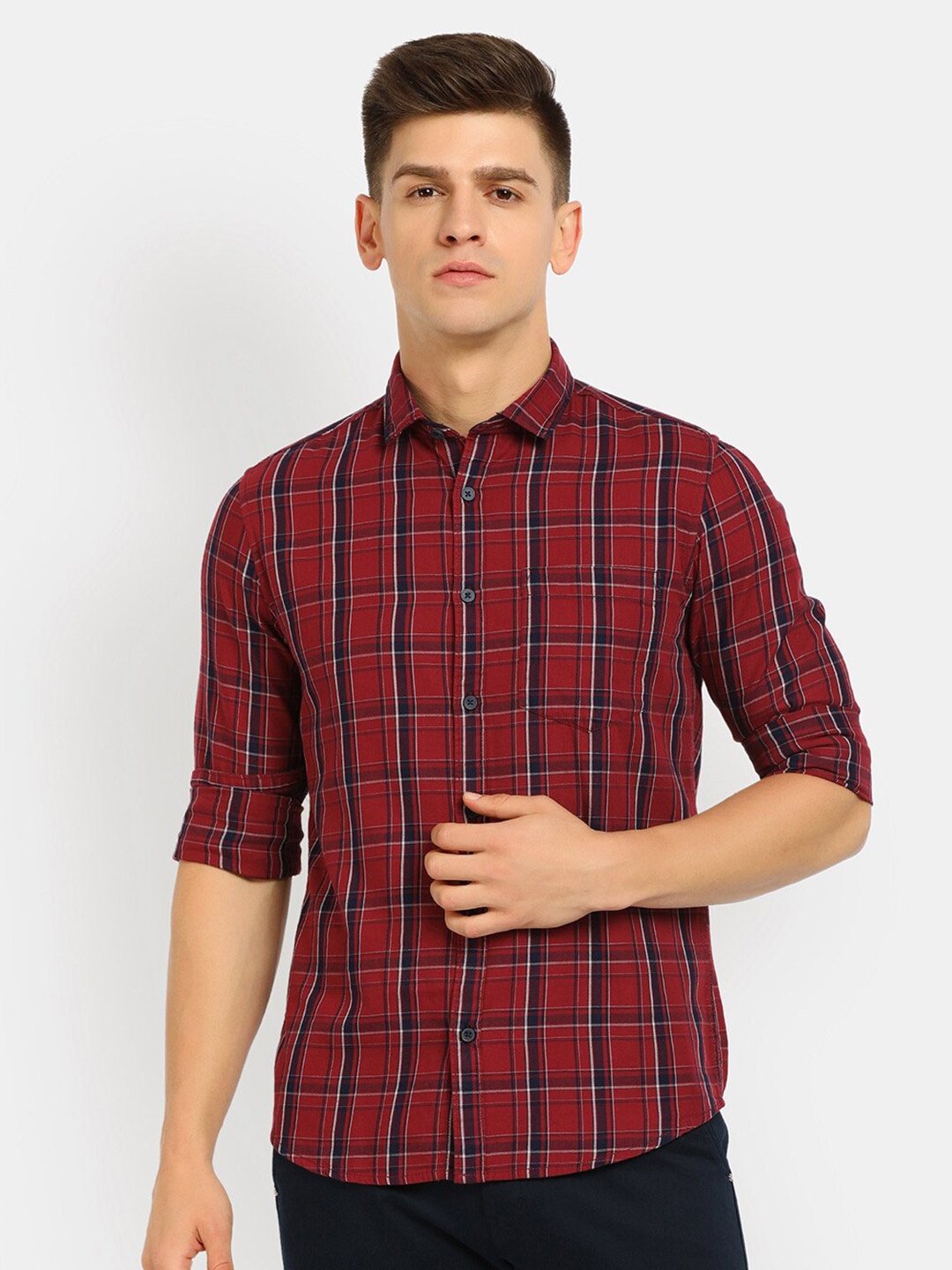

V-Mart Men Maroon & Blue Tartan Checked Cotton Casual Shirt