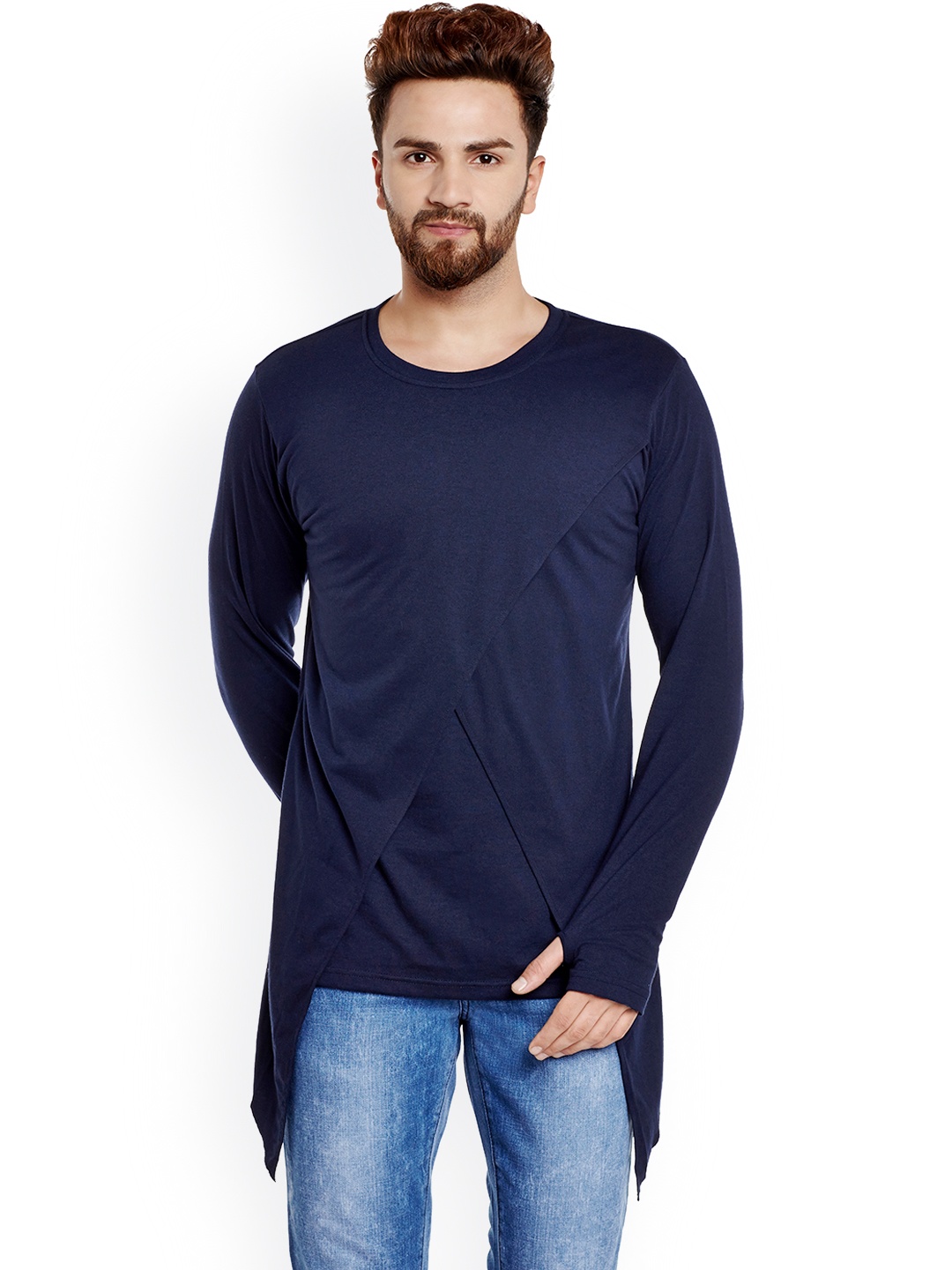 

CHILL WINSTON Men Navy Blue Solid Layered Longline Slim Fit T-shirt