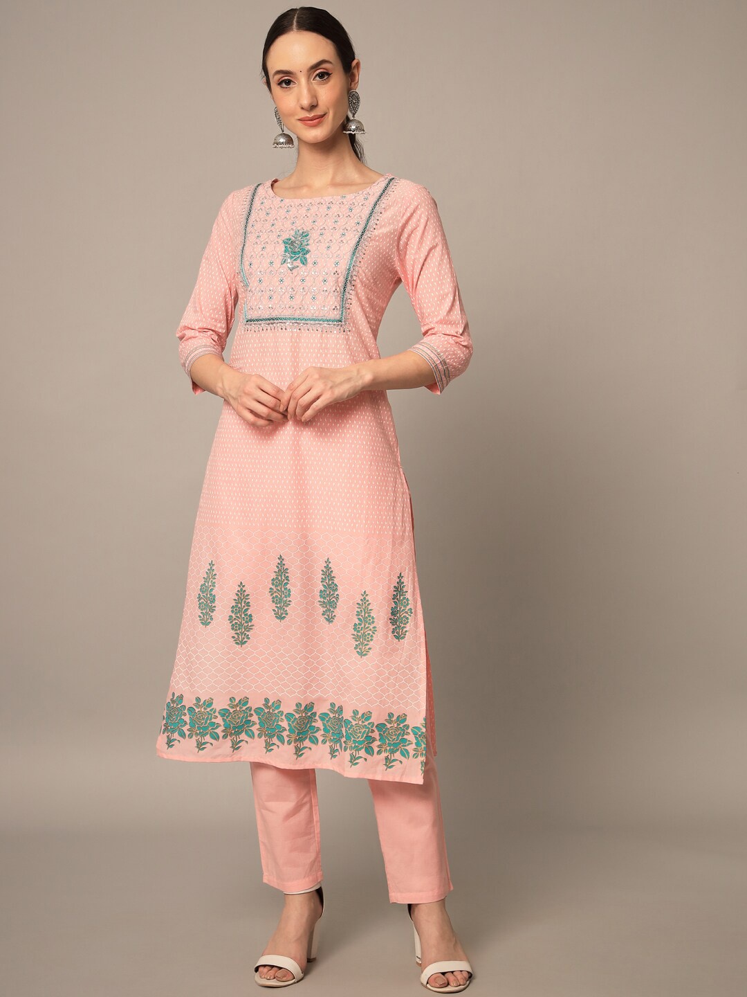 

Yaadleen Women Pink Ethnic Motifs Printed Pure Cotton Kurta with Trousers