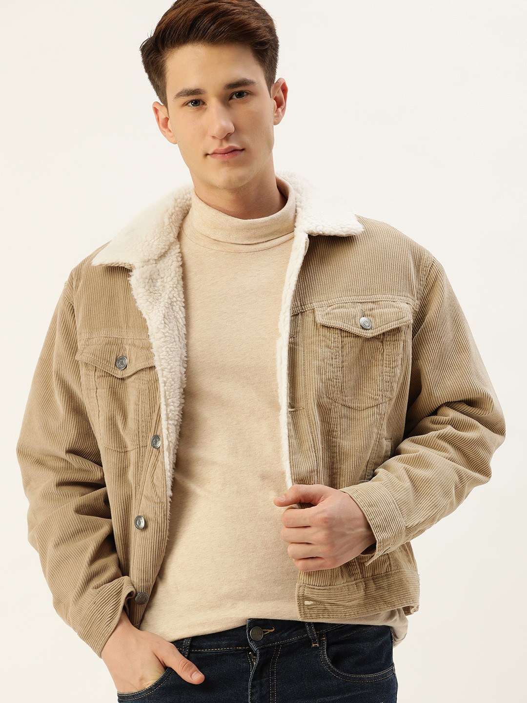 

FOREVER 21 Men Taupe Solid Pure Cotton Tailored Jacket