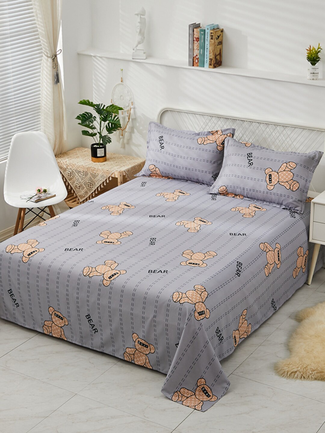 

JC HOME Grey & Brown Printed 130 TC Polycotton Single Bedsheet with 2 Pillow Covers