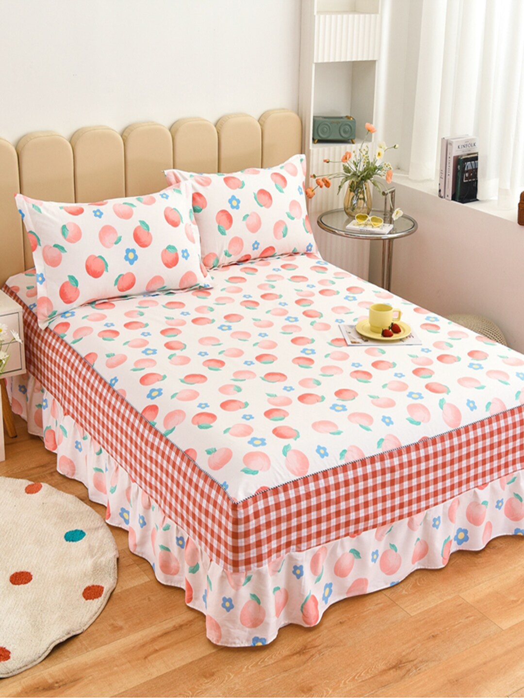 

JC HOME White & Peach Printed 200 TC Cotton Single Bed Cover with 2 Pillow Covers
