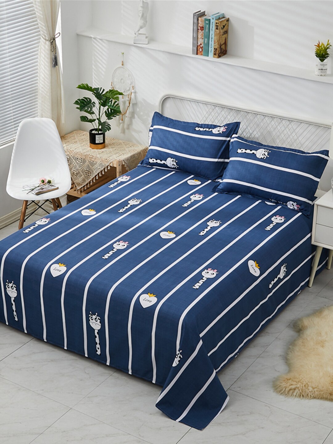 

JC HOME Blue & White Striped 130 TC Queen Bedsheet with 2 Pillow Covers