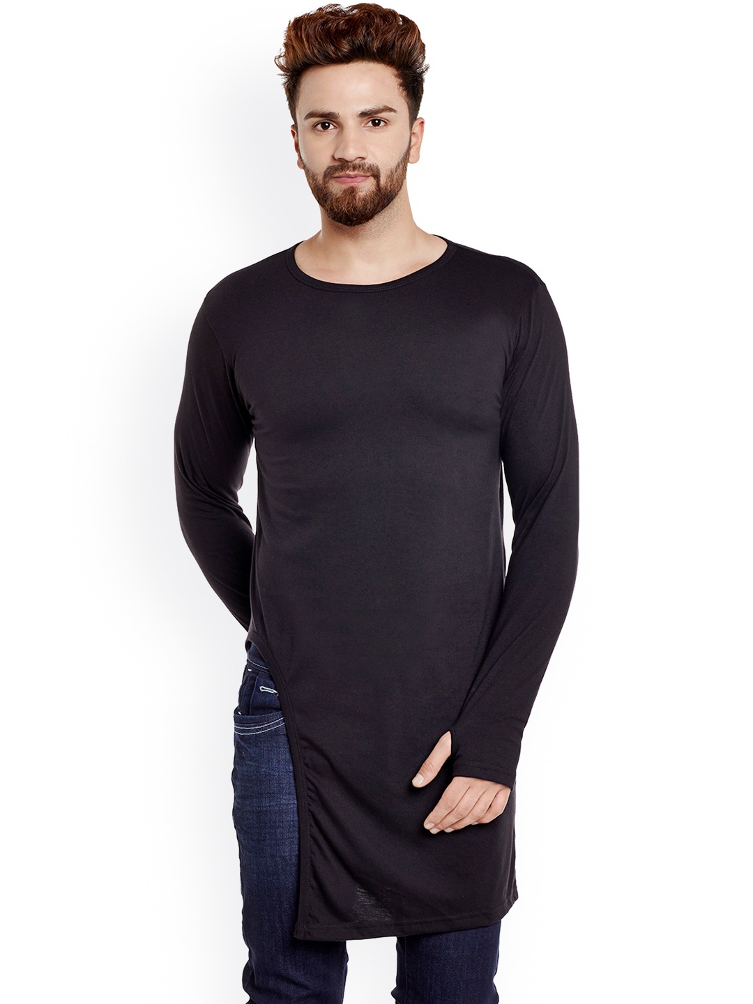 

CHILL WINSTON Men Black Solid Longline Slim Fit T-shirt