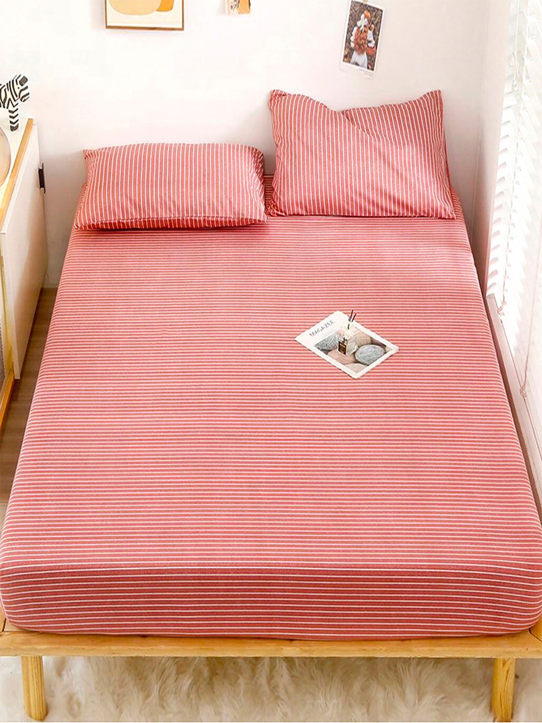 

JC Collection Red & White Striped 128 TC Queen Bedsheet with 2 Pillow Covers