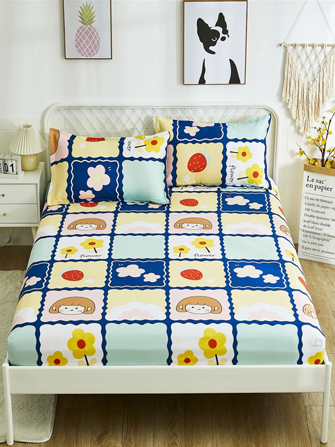 

JC Collection Blue & Yellow Printed 120 TC Fitted Queen Bedsheet with 2 Pillow Covers