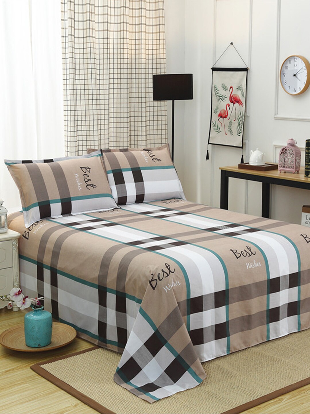 

JC HOME Brown & Brown Checked 130 TC Queen Bedsheet with 2 Pillow Covers