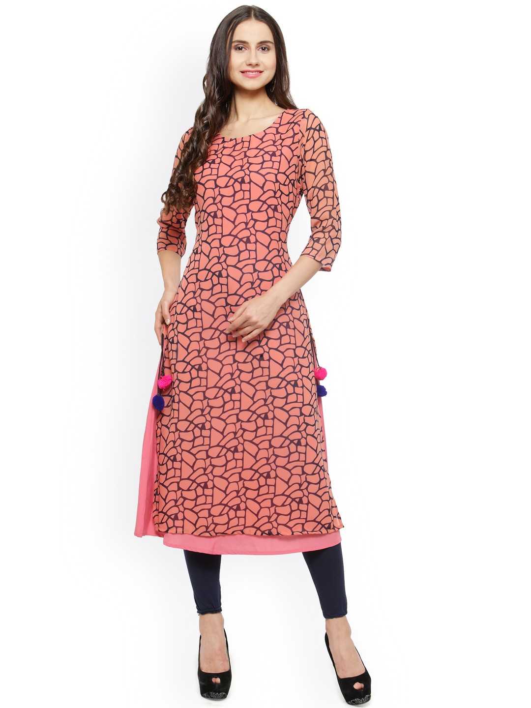 

Azira Women Peach & Navy Blue Printed A-Line Layered Kurta