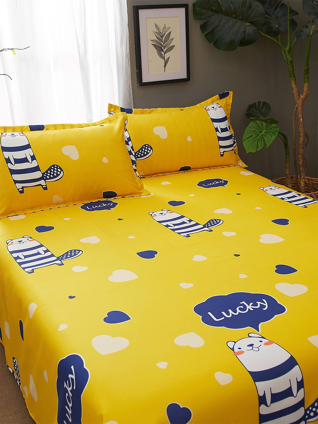 

JC HOME Yellow & Blue Printed 130 TC King Bedsheet with 2 Pillow Covers