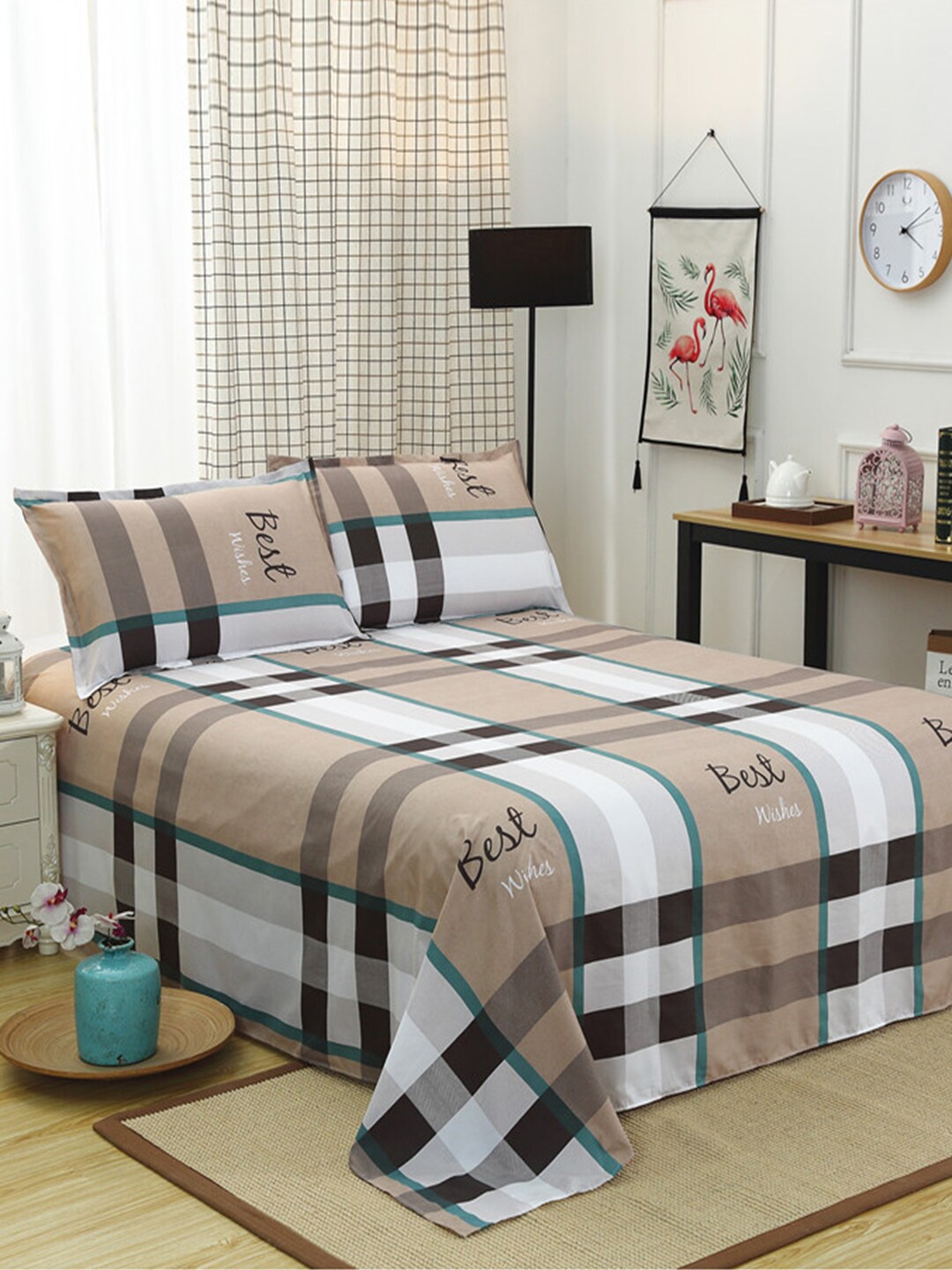 

JC HOME Brown & Grey Checked 130 TC King Bedsheet with 2 Pillow Covers