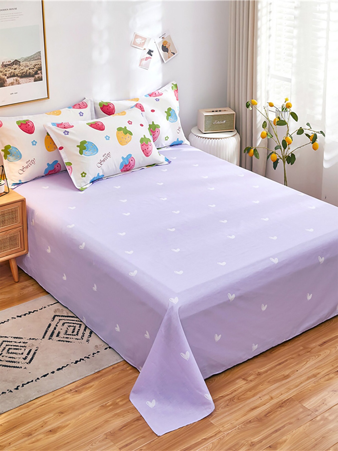 

JC HOME Purple & White Printed 186 TC King Cotton Bedsheet with 2 Pillow Covers