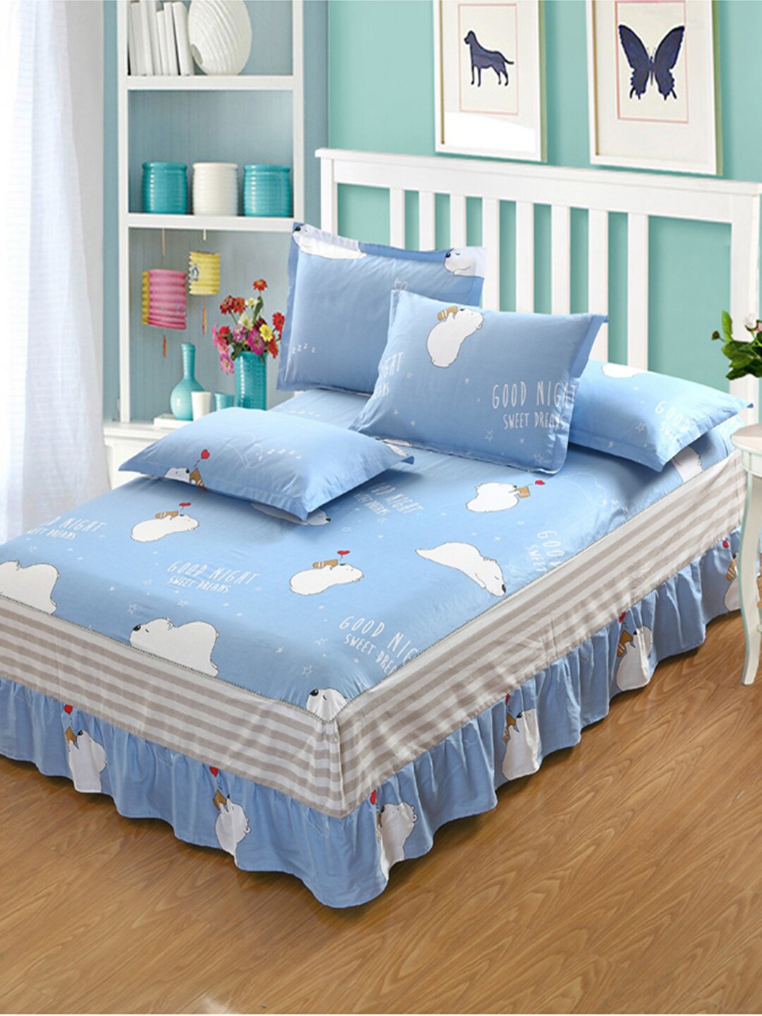 

JC HOME Blue & White Printed 200 TC Cotton King Bed Cover with 2 Pillow Covers