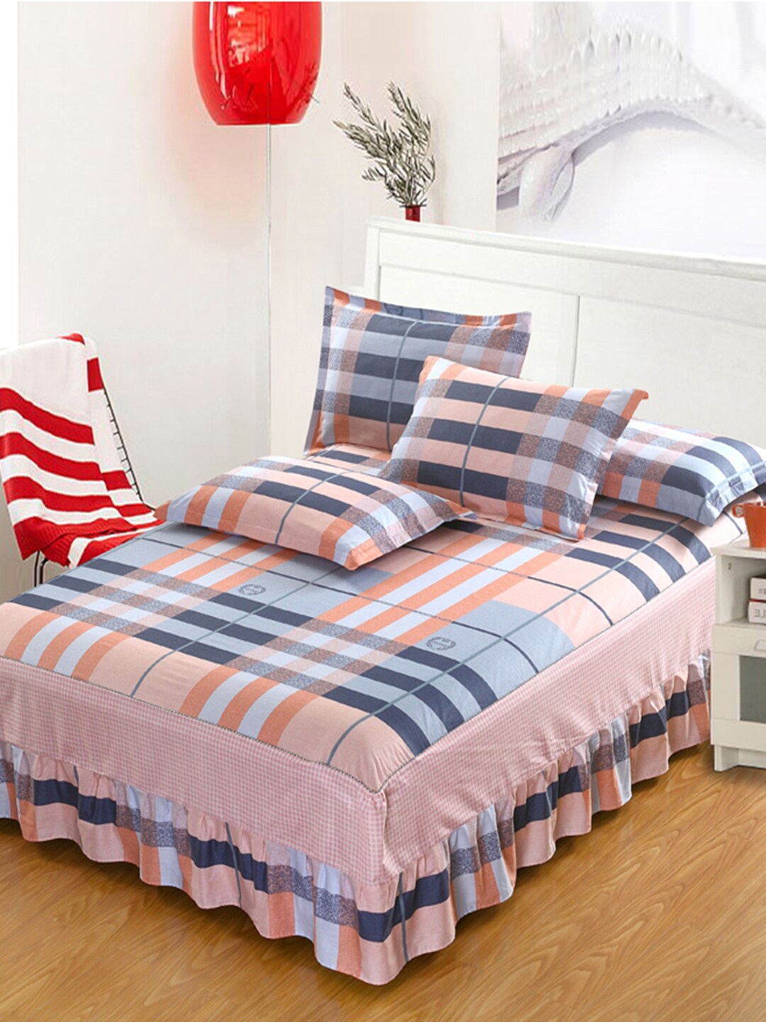 

JC HOME Pink & Grey Printed 200 TC Cotton Queen Bed Cover with 2 Pillow Covers