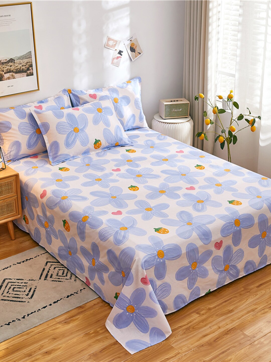 

JC HOME Pink Blue Floral Printed 186 TC Cotton King Bedsheet with 2 Pillow Covers